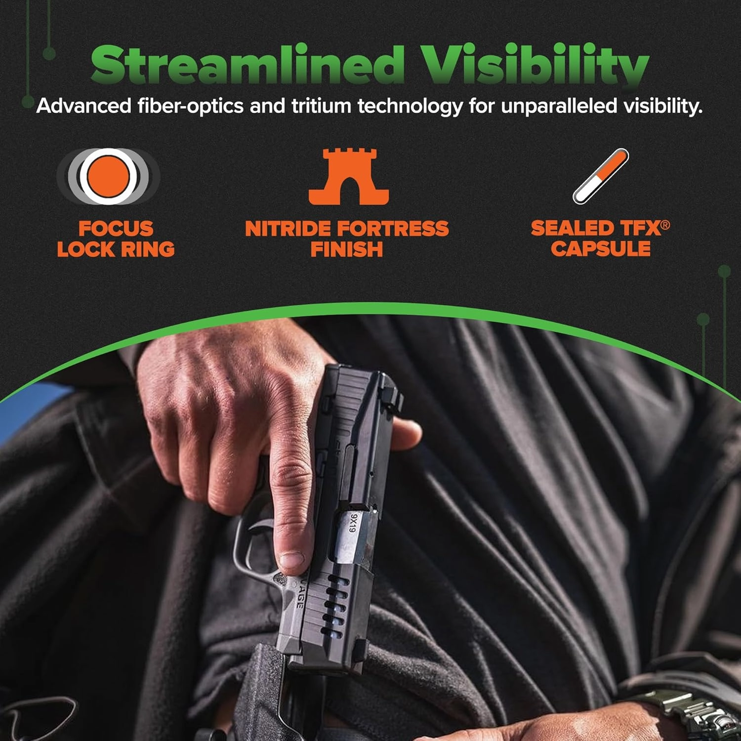 TRUGLO Tritium Pro Night Sights, Compatible with Glock Handgun Models | Compact Durable Glow-in-The-Dark Front & Rear Gun Sight Set with Focus Lock Front Ring