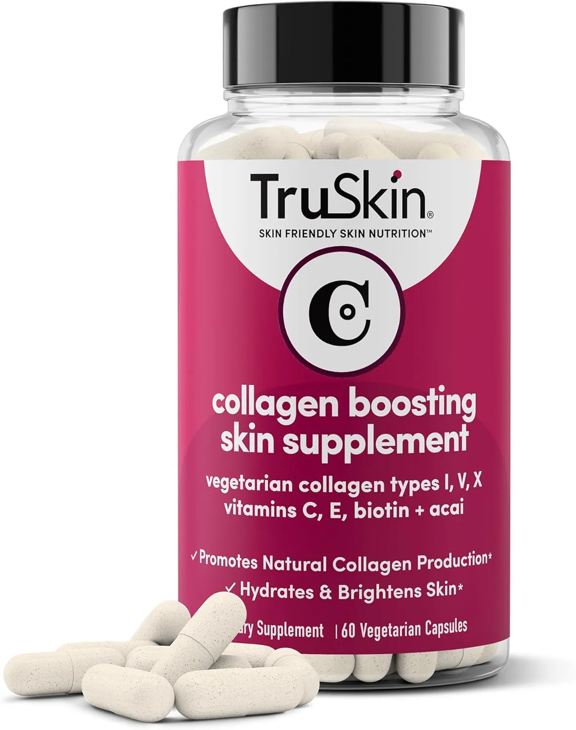 TruSkin Collagen Supplements – Vegetarian-Friendly Multi Collagen for Skin with Biotin, Vitamin C & Acai Superfood Complex – Support Natural Collagen Production, Hydrate & Brighten Skin, 60 Capsules
