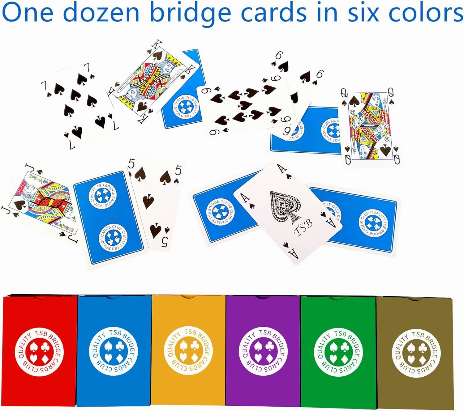 TSB Standard Print Bridge Cards Pack of 12 Decks - 6 Colors Bridge Playing Cards - Easy Storage (2 Red 2 Blue 2 Purple 2 Grey 2 Green 2 Yellow Regular)
