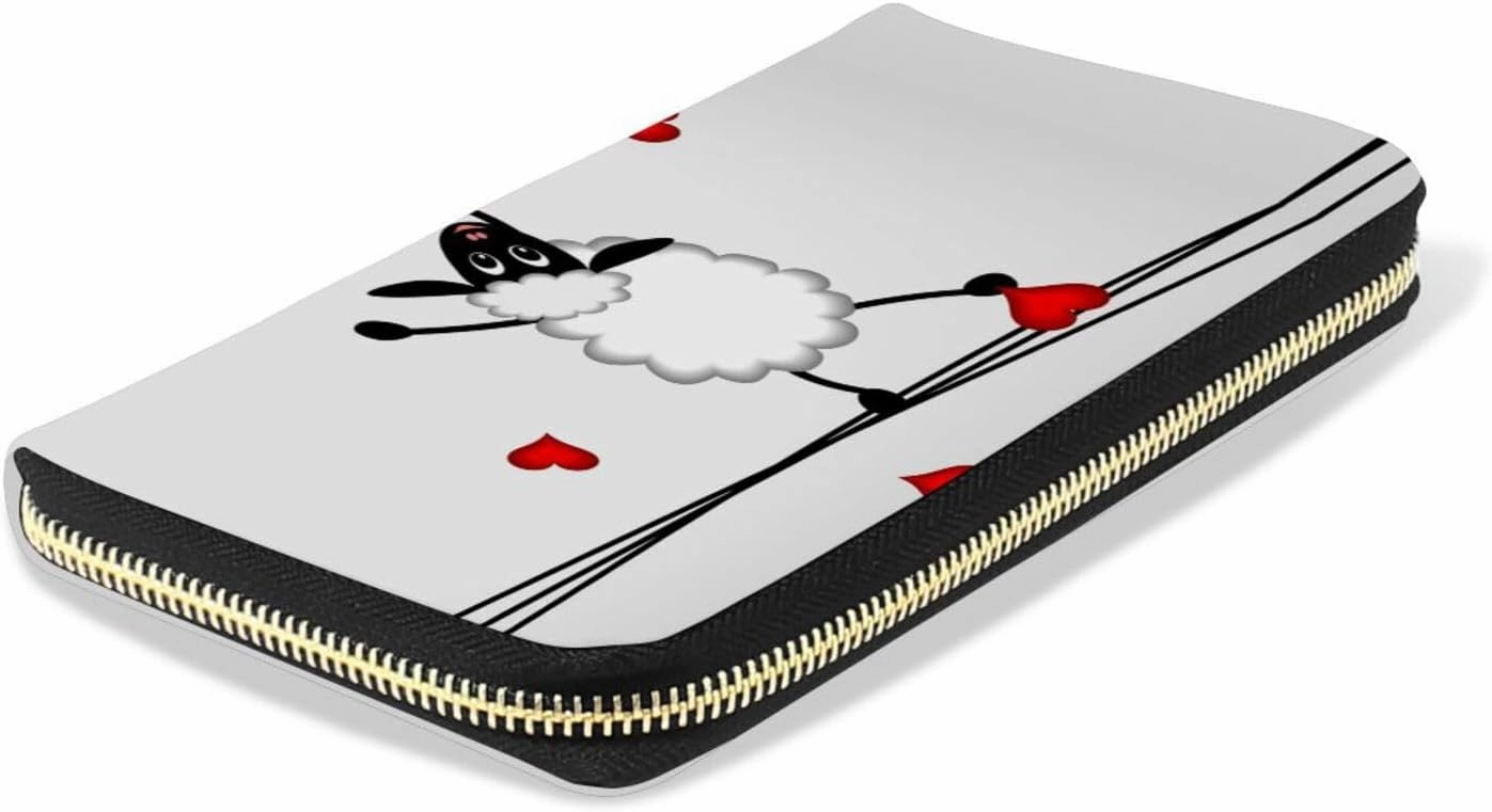Two sheep Little Lambs Hanging on Washing Line with Red Hearts Leather Long Wallet Organizer with Zipper Purse Clutch Bag for Women Men Key Card Coin Passport Checkbook 8 x 4 inch