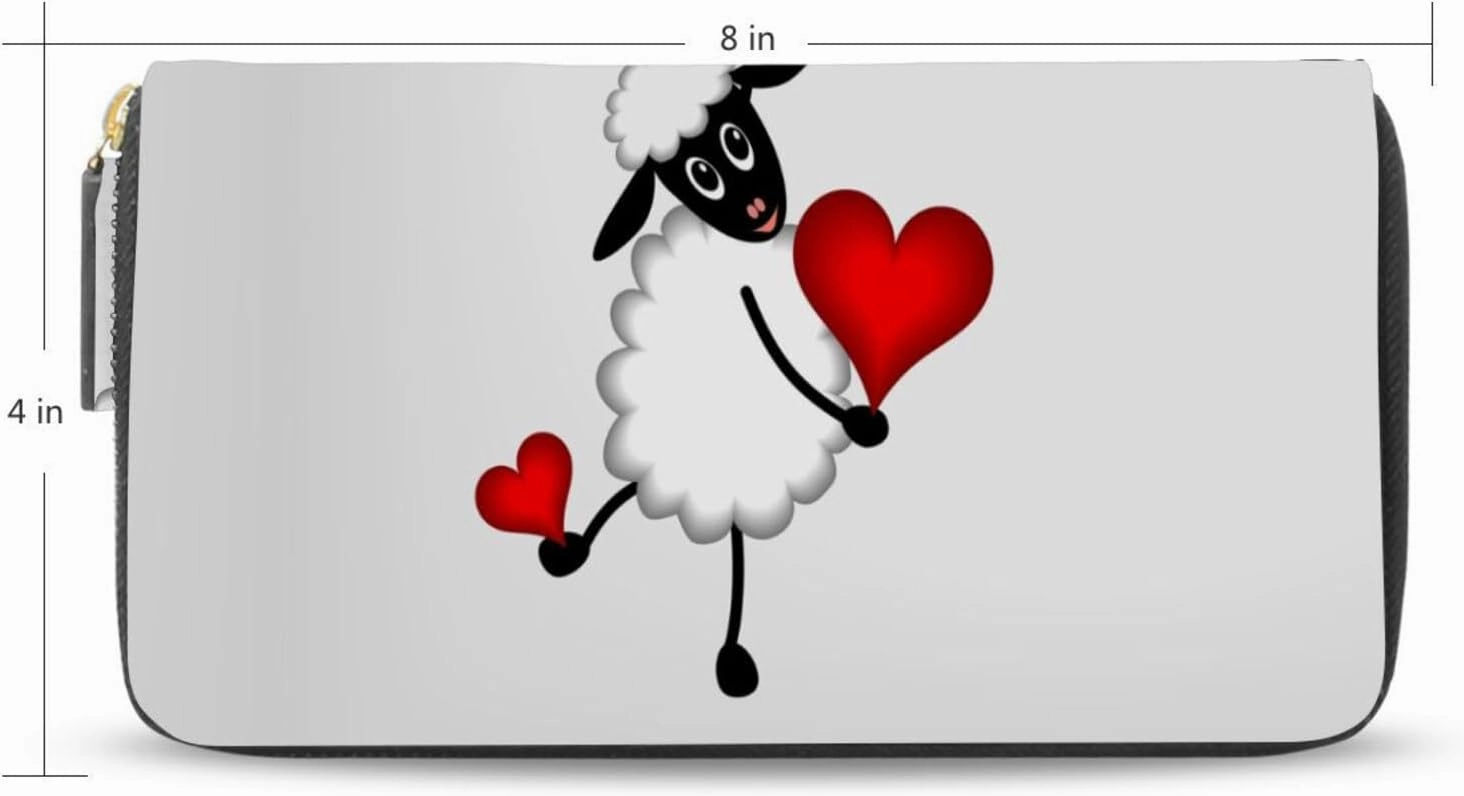Two sheep Little Lambs Hanging on Washing Line with Red Hearts Leather Long Wallet Organizer with Zipper Purse Clutch Bag for Women Men Key Card Coin Passport Checkbook 8 x 4 inch