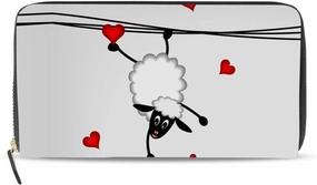 Two sheep Little Lambs Hanging on Washing Line with Red Hearts Leather Long Wallet Organizer with Zipper Purse Clutch Bag for Women Men Key Card Coin Passport Checkbook 8 x 4 inch