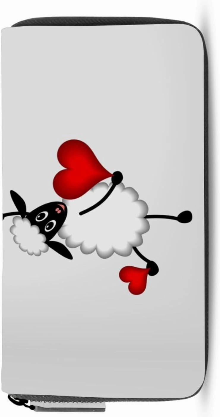 Two sheep Little Lambs Hanging on Washing Line with Red Hearts Leather Long Wallet Organizer with Zipper Purse Clutch Bag for Women Men Key Card Coin Passport Checkbook 8 x 4 inch