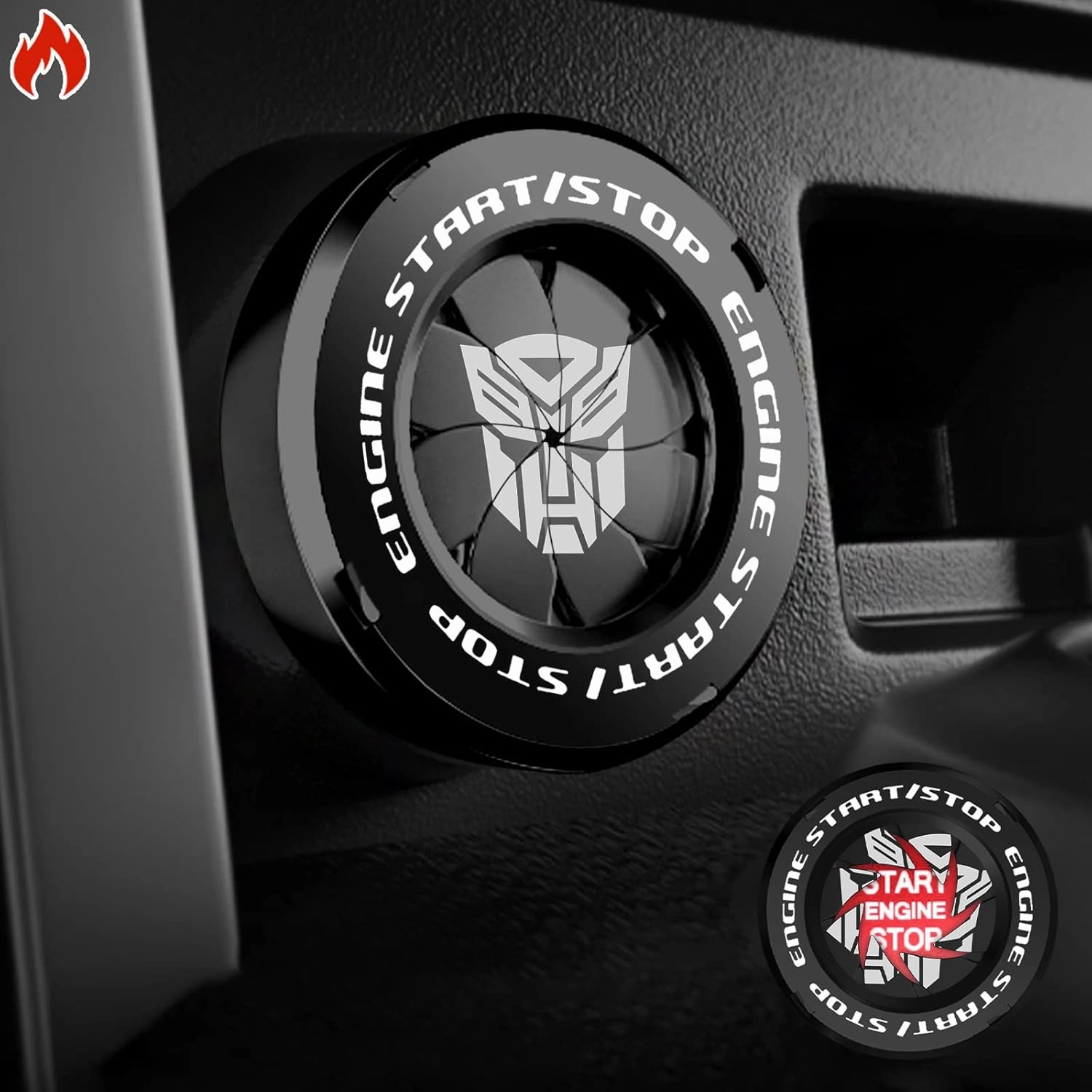 Tybasthe Rotary Push Start Button Cover, Transformers Car Accessories Engine Start Stop Button Cover, Autobots Car Stickers Interior Decor, Motorcycle Ignition Key Switch Cover, Black