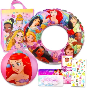Ultimate Disney Princess Pool Set - 6 Pc Beach Toys Bundle with Inflatable Swim Ring, Beach Ball, Goggles, and Bag Plus Stickers, More | Disney Princess Pool and Beach Gift Set