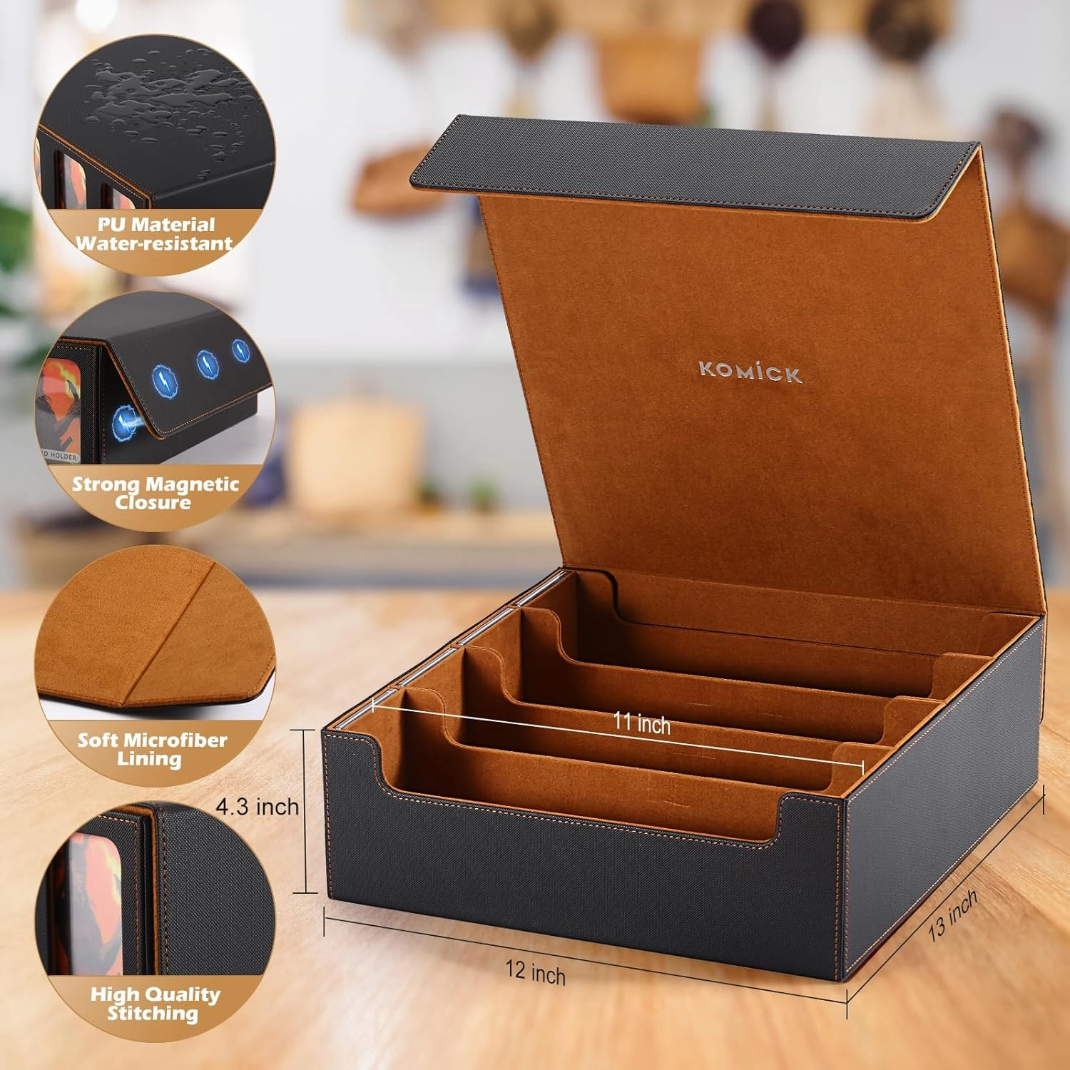 Ultra-Capacity 4-Row Trading Card Storage Box with Commander Display, Holds 3000  Cards with Dividers & Card Holders, PU Leather MTG Commander Deck Box, YuGiOh, TCG, Sport Cards (Black/Gold)