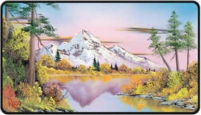 Ultra PRO - Bob Ross Mighty Mountain Lake Black Stitched Playmat, Premium playmat, Stitched Edge playmat, Gaming Accessories, Autumn Scenery, Mountain Lake Art, Tabletop Accessories, Gaming Setup