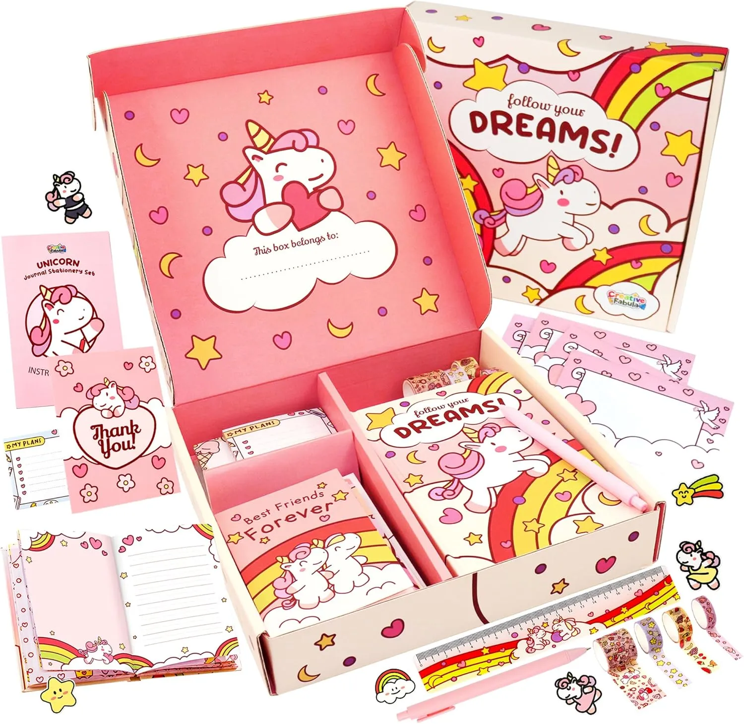 Unicorn Journal Stationary Set, Unicorns Gifts For Girls Age 5 6 7 8 9 10 12 Year Old, Big Cute Stationery Writing Pink Sticker Art, Kid Diary Notebook Pen Set, DIY Journaling Kit, Kawaii Toys