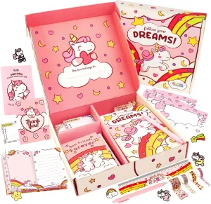 Unicorn Journal Stationary Set, Unicorns Gifts For Girls Age 5 6 7 8 9 10 12 Year Old, Big Cute Stationery Writing Pink Sticker Art, Kid Diary Notebook Pen Set, DIY Journaling Kit, Kawaii Toys