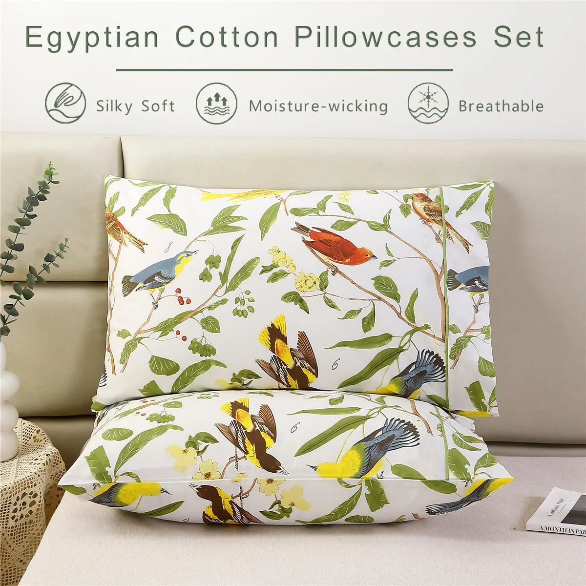 URBONUR 100% Cotton Pillowcases Set of 2 Standard Size Garden Leaves Birds Printed Pillow Cases Soft Breathable Pillowcase Decorative Pillow Cover (Standard, 20x26 Inches, Green Leaves)