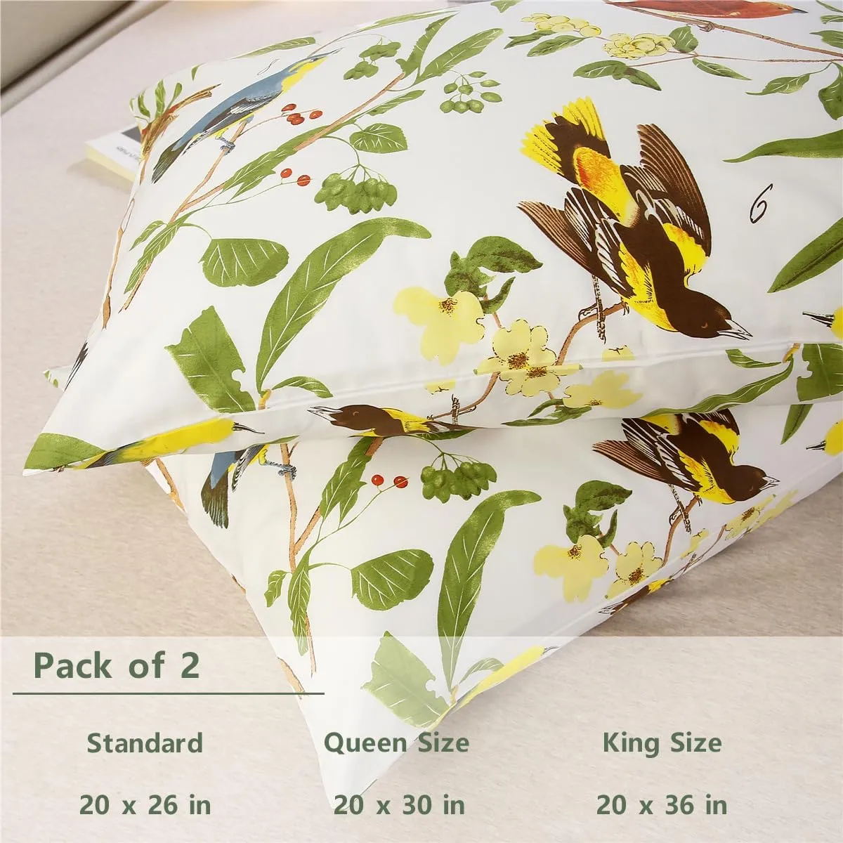 URBONUR 100% Cotton Pillowcases Set of 2 Standard Size Garden Leaves Birds Printed Pillow Cases Soft Breathable Pillowcase Decorative Pillow Cover (Standard, 20x26 Inches, Green Leaves)