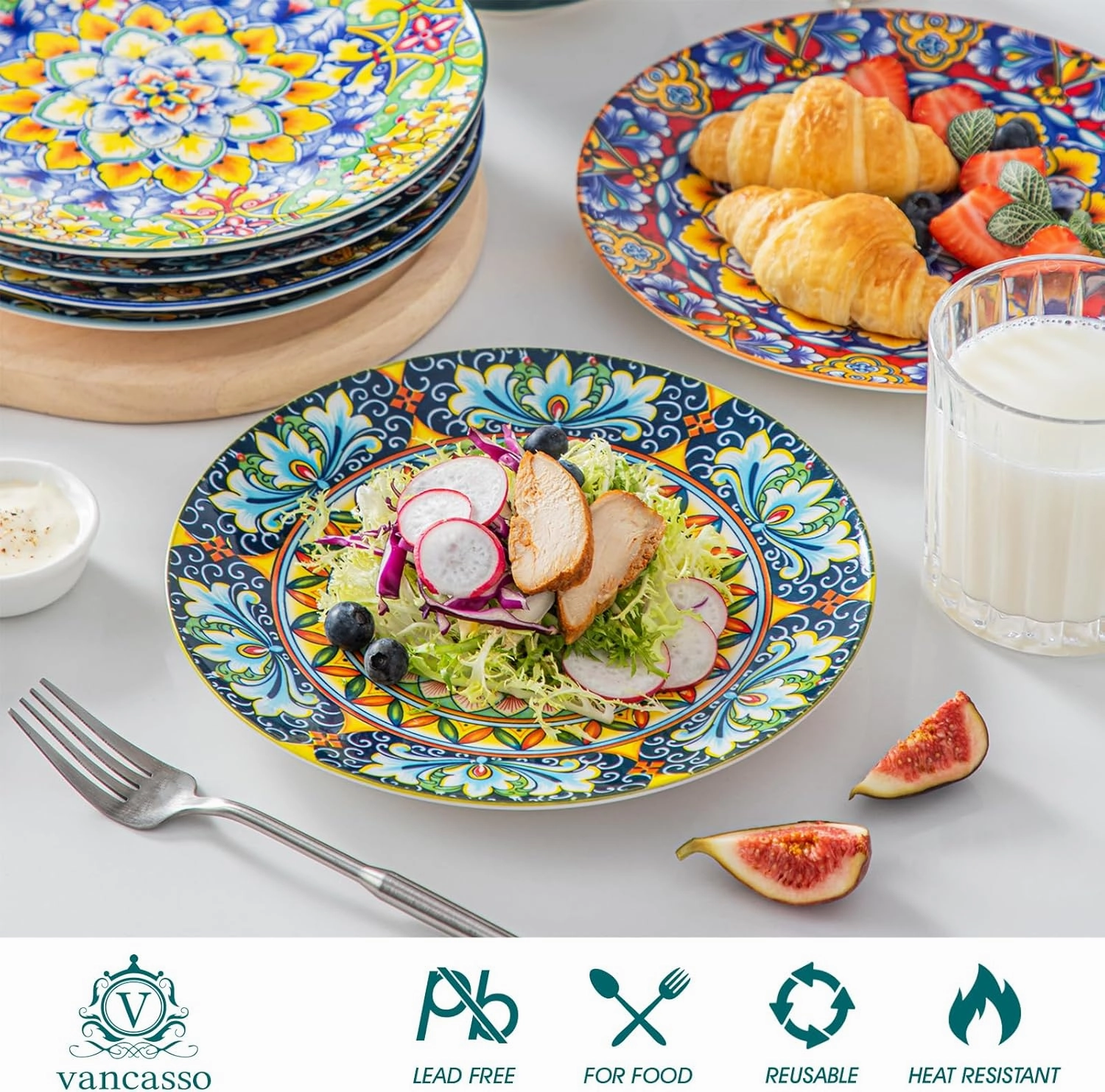 vancasso Salad Plates Set of 6-8.5 Inch Ceramic Dessert Plate, Small Dinner Plate Set, Microwave, Oven and Dishwasher Safe, Colorful Bohemian Style Dishes for Kitchen