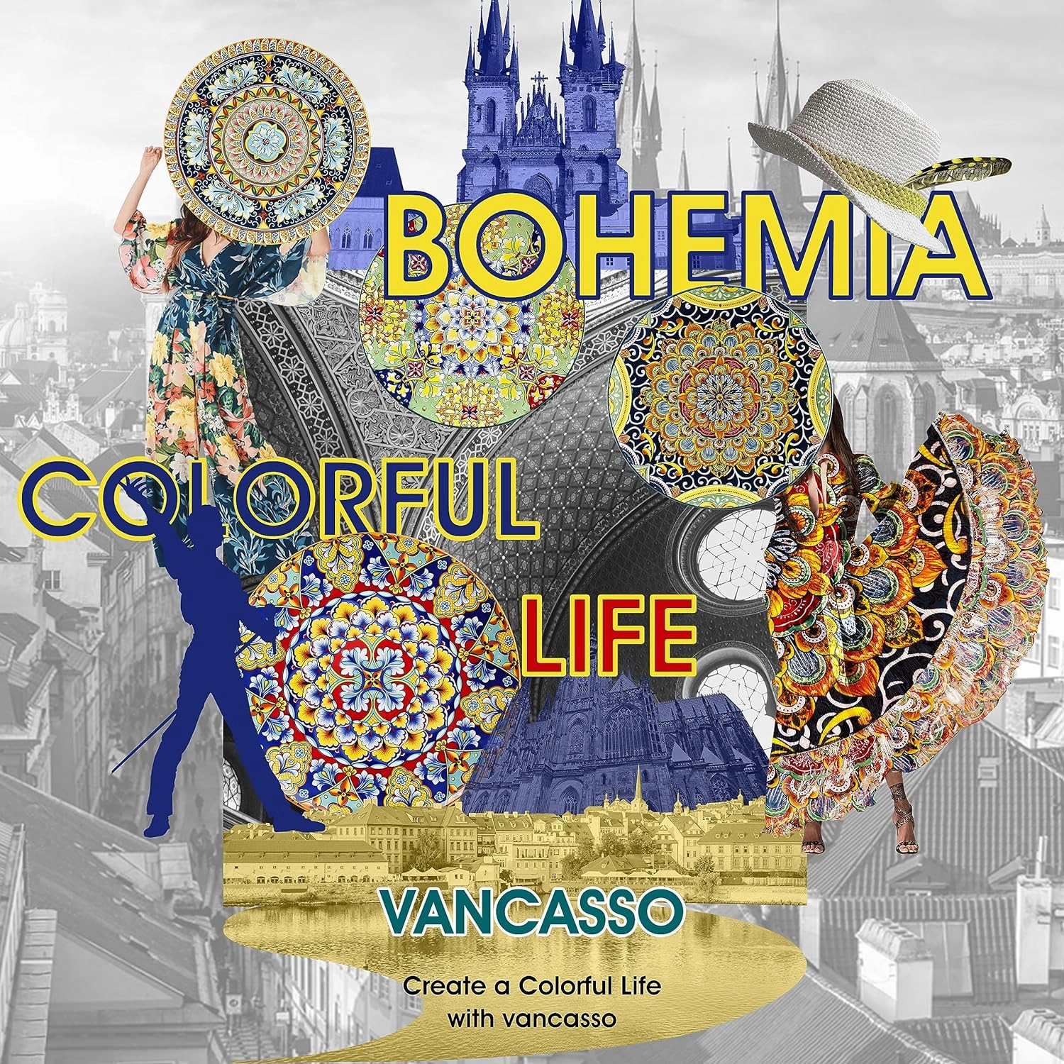 vancasso Salad Plates Set of 6-8.5 Inch Ceramic Dessert Plate, Small Dinner Plate Set, Microwave, Oven and Dishwasher Safe, Colorful Bohemian Style Dishes for Kitchen