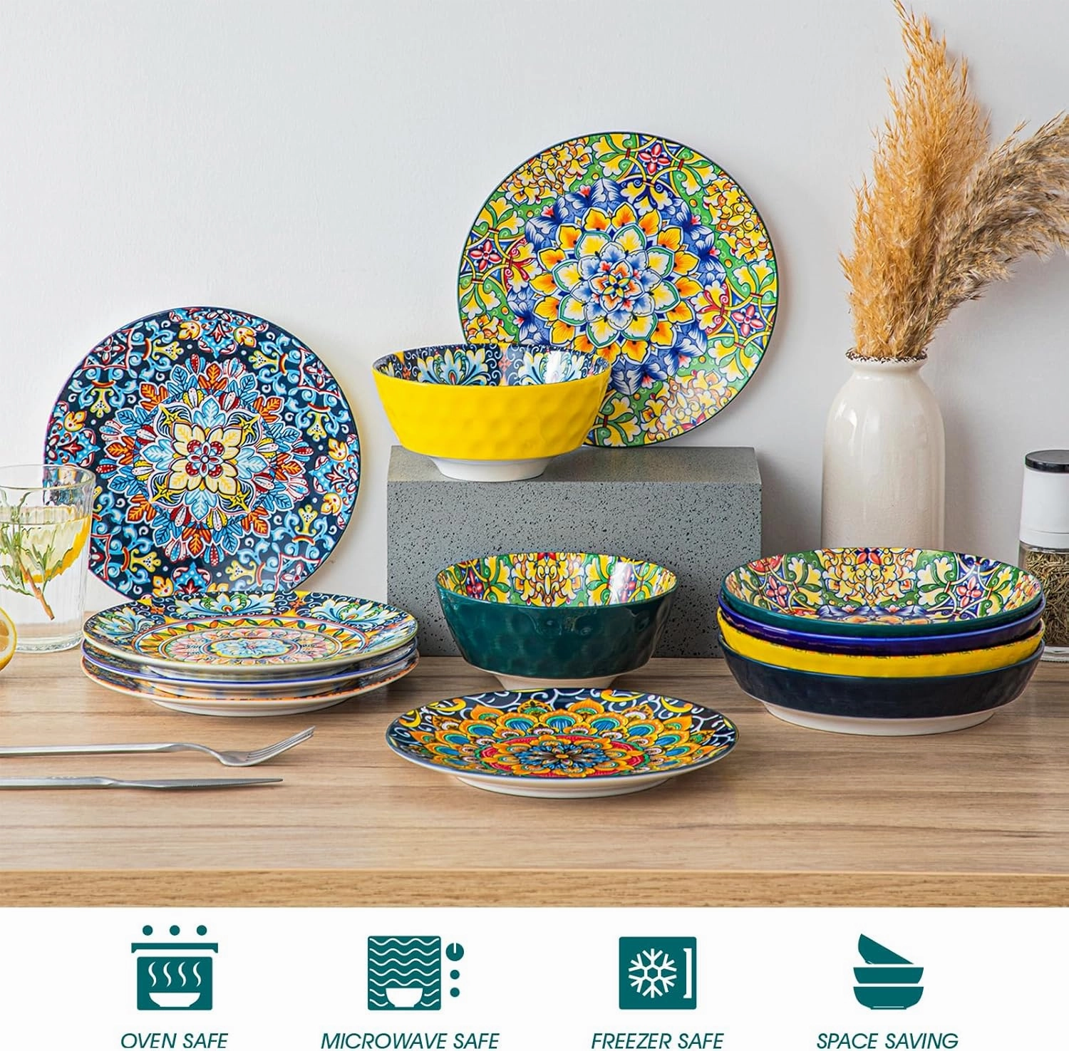 vancasso Salad Plates Set of 6-8.5 Inch Ceramic Dessert Plate, Small Dinner Plate Set, Microwave, Oven and Dishwasher Safe, Colorful Bohemian Style Dishes for Kitchen