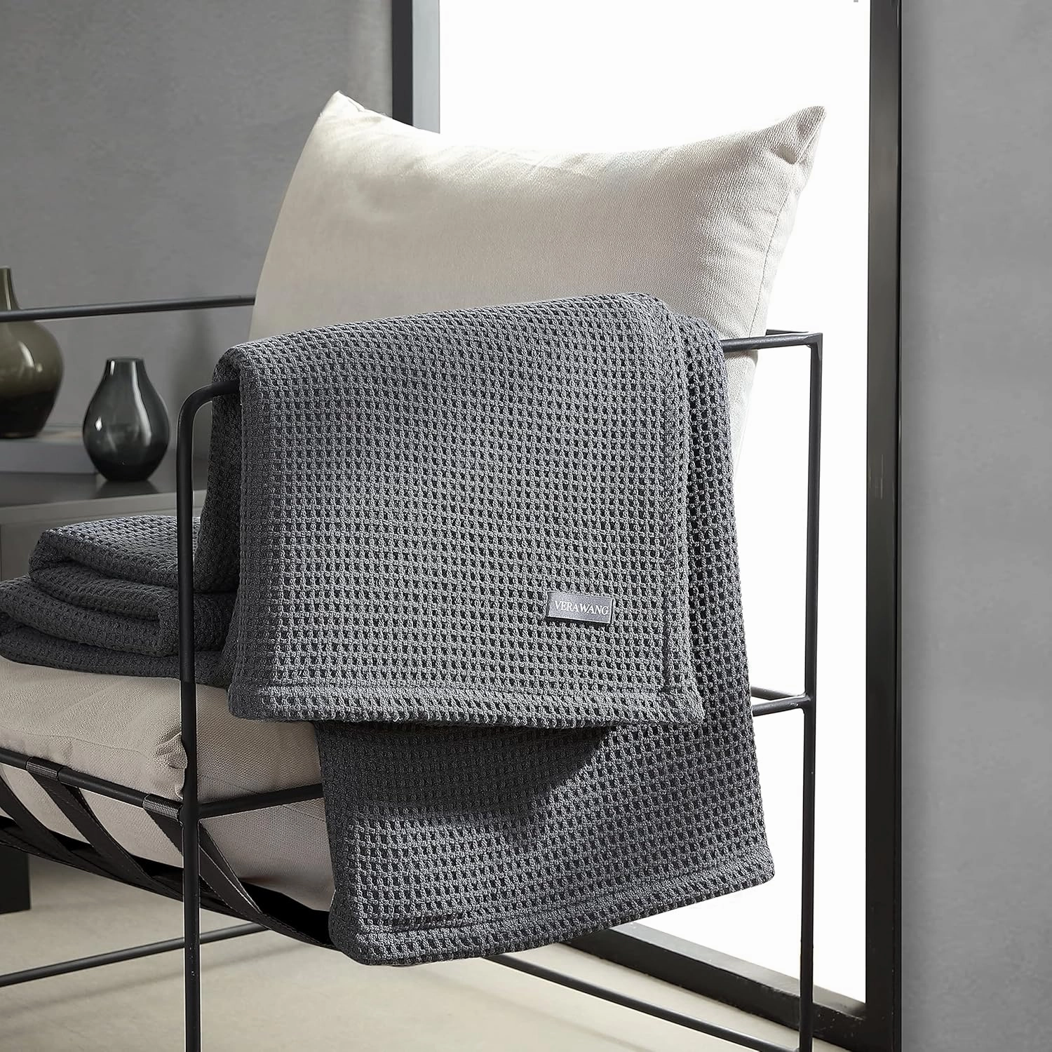 Vera Wang - Queen Blanket, Luxury Cotton Bedding, Super Soft Essentials with Waffle Weave Knit (Waffleweave Charcoal Grey, Queen)