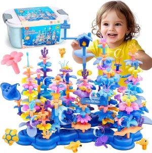 VigorFun 187 PCS Flower Garden Building Toys Set for Girls Aged 3 , DIY Stacking Game for Preschool Toddlers, STEM Educational Toy for 3 4 5 6 7 8   Year Old Kindergarten Kids Birthday Gifts(Blue)