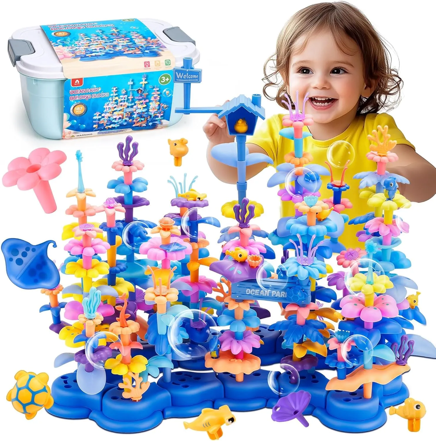 VigorFun 187 PCS Flower Garden Building Toys Set for Girls Aged 3 , DIY Stacking Game for Preschool Toddlers, STEM Educational Toy for 3 4 5 6 7 8   Year Old Kindergarten Kids Birthday Gifts(Blue)