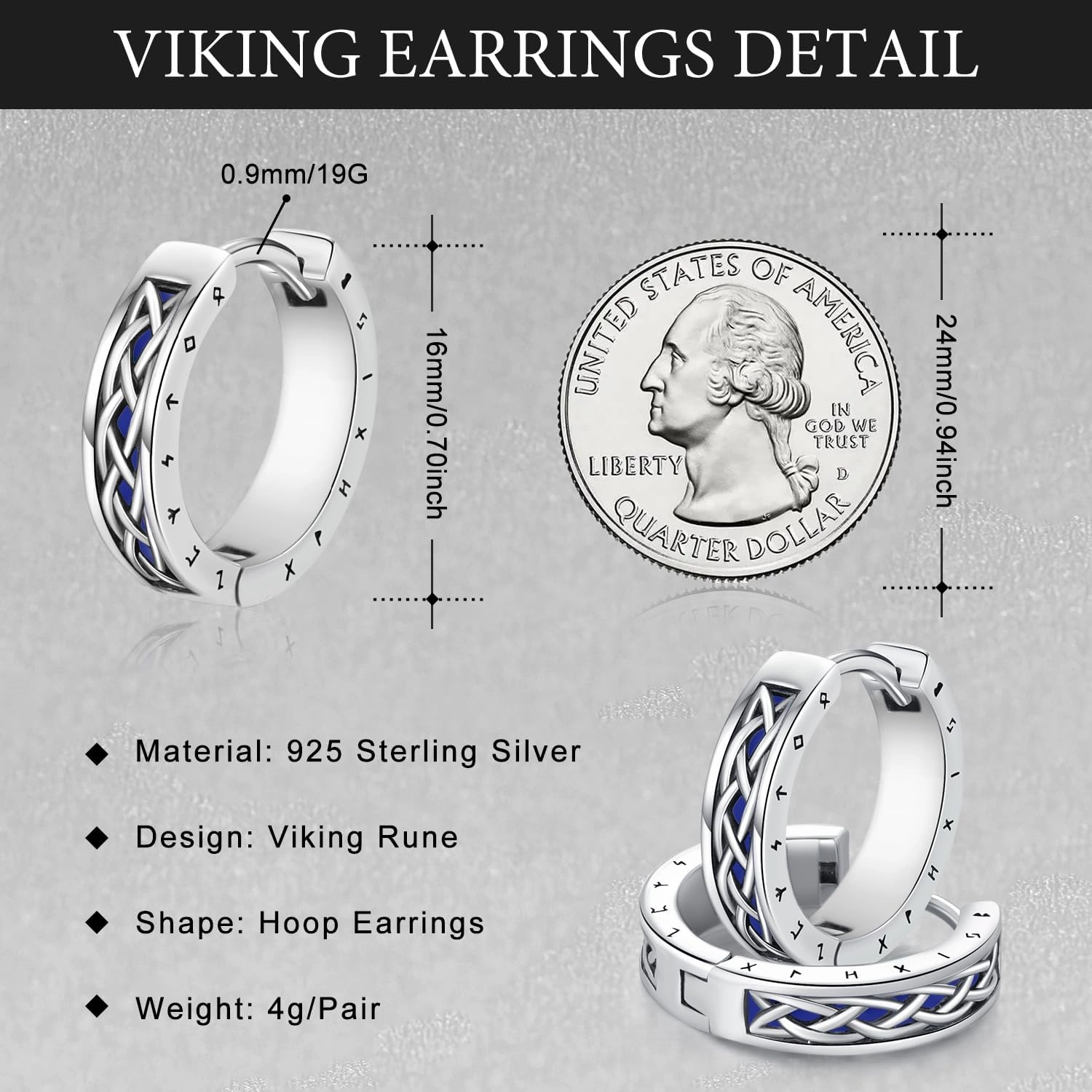 Viking Earrings Norse for Men Women 16mm 925 Sterling Silver Huggie Rune Celtic Hoop Earring Viking Jewelry Gifts Sturdy Punk Hoop Earrings Silver