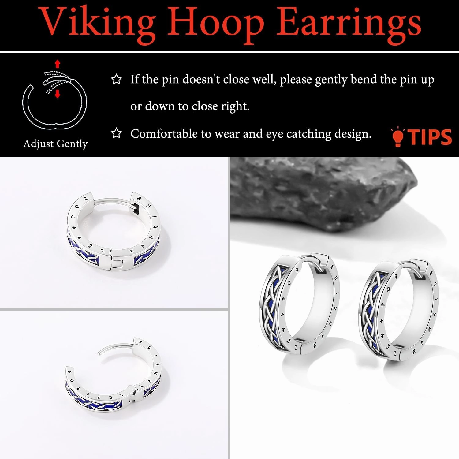 Viking Earrings Norse for Men Women 16mm 925 Sterling Silver Huggie Rune Celtic Hoop Earring Viking Jewelry Gifts Sturdy Punk Hoop Earrings Silver