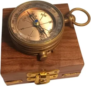 Vintage Brass Compass with Wooden Storage Box, Nautical Navigation Tool