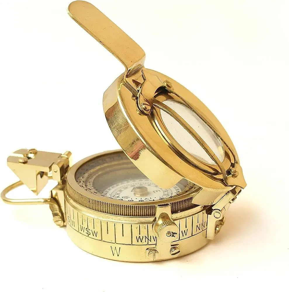 Vintage Brass Military Compass, Portable Navigation Tool with Sighting Mirror