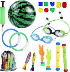 Vvinca 21 Pcs Diving Toy Set with Swimming Goggles, Colorful Pool Toys Rings, Dive Sticks, Treasure Torpedoes & Storage Bag Gifts for Kids Ages 3-12 Boys Girls, Perfect for Pool Party & Water Training
