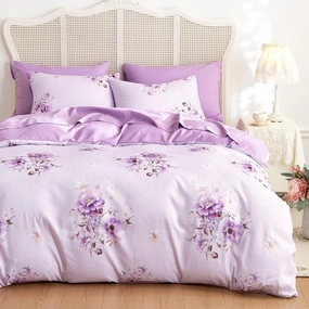Wake In Cloud - Shabby Chic Comforter Set, Floral Farmhouse Cottagecore Vintage Colorful Pastel Spring Flowers, Soft Lightweight Bedding for Women Girls, 3 Pieces, Purple, Queen Size