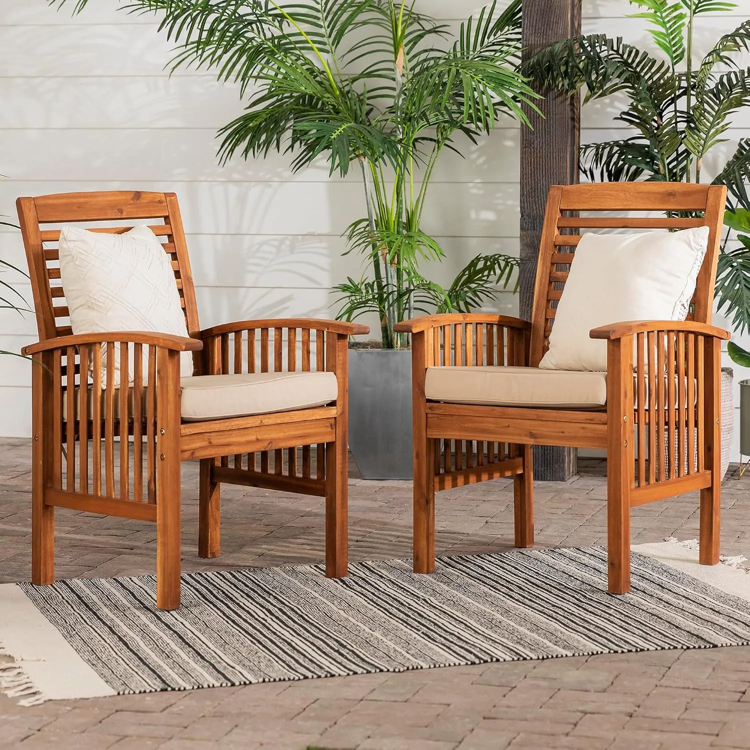 Walker Edison Rendezvous Modern 2 Piece Solid Acacia Wood Slat Back Outdoor Dining Chairs, Set of 2, Brown