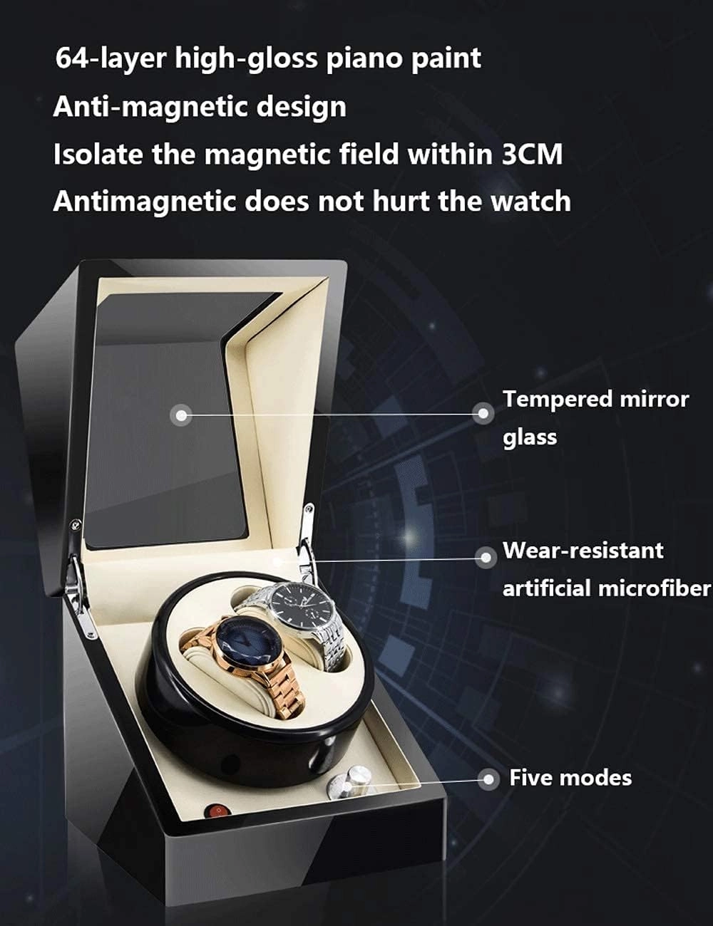 Watch Winder for 2 Watches, Additional 3 Positions, Piano Paint, Anti-Magnetic, Ultra-Quiet Luxury Watch Shaker, Led Light