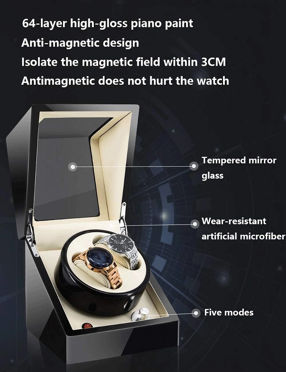 Watch Winder for 2 Watches Additional 3 Positions Piano Paint Anti-Magnetic Ultra-Quiet Luxury Watch Shaker Led Light (Black Black 2 3)