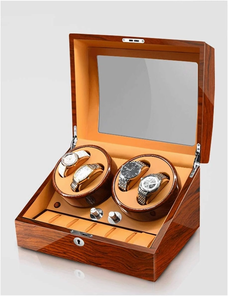 Watch Winder for 4 Watches Additional 6 Positions Piano Paint Anti-Magnetic Ultra-Quiet Luxury Watch Shaker Led Light (Rosewood Grain Brown 4 6)