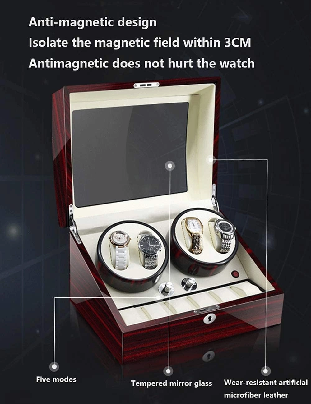 Watch Winder for 4 Watches, Additional 6 Positions, Piano Paint, Anti-Magnetic, Ultra-Quiet Luxury Watch Shaker, Led Light