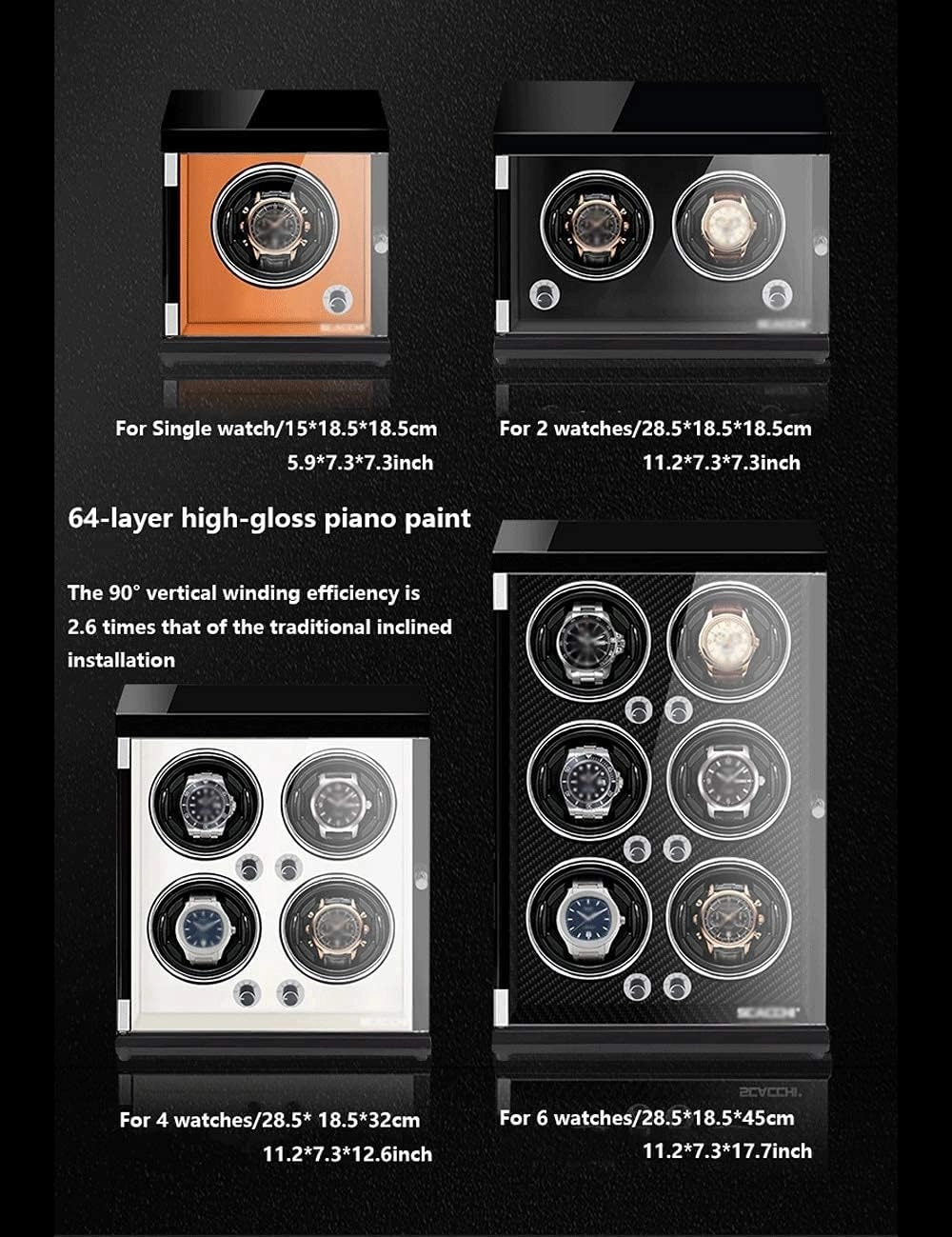Watch Winder for 6 Watches, Piano Paint, Anti-Magnetic, Retractable Pillow, Induction Led Light, Ultra-Quiet Japanese Motor
