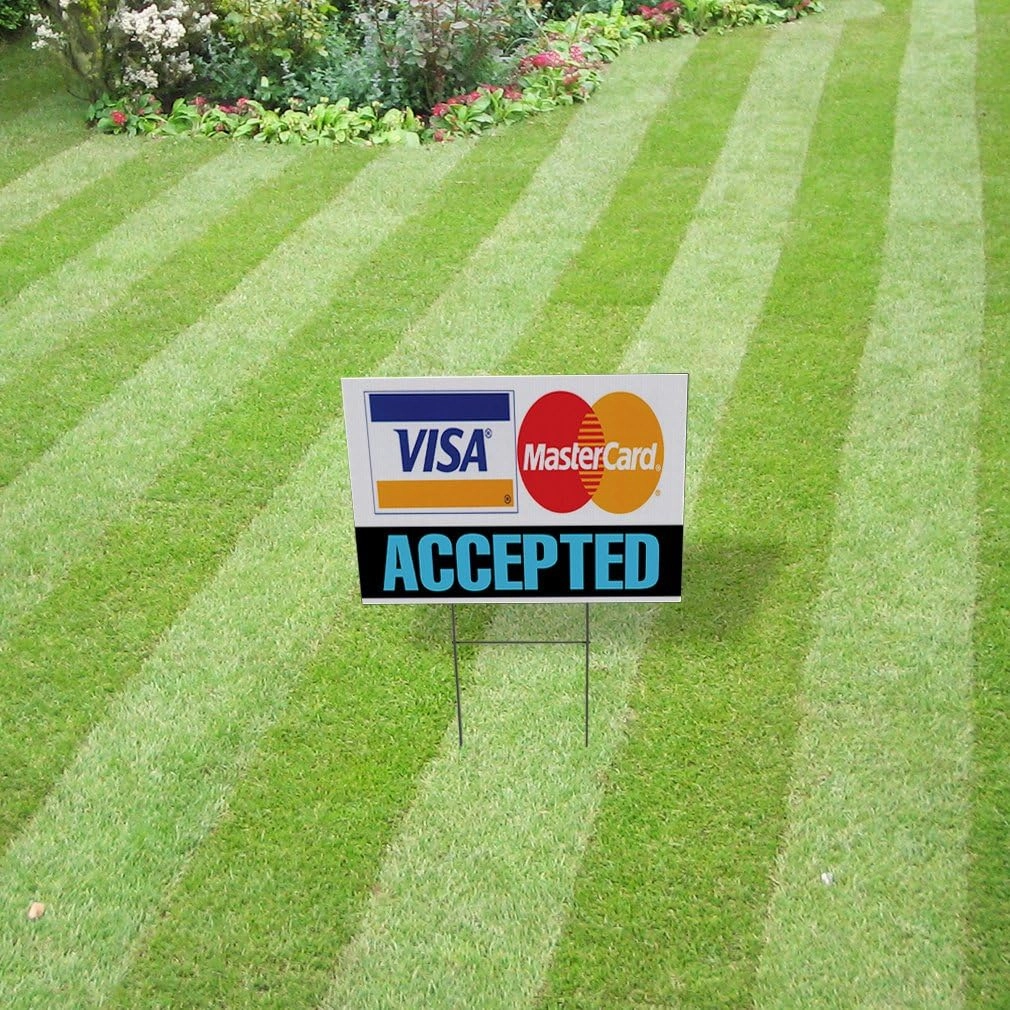 Weatherproof Yard Sign Visa Accepted .MasterCard White Lawn Garden Buy Here Pay 24x18 Inches 2 Sides Print