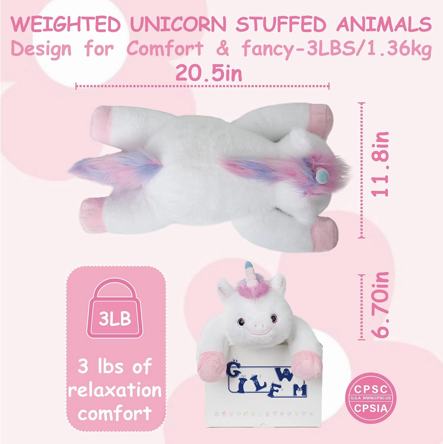 Weighted Stuffed Animals Unicorn - 20.5" Cute Toy Pillow Plushie Gifts for Kids Boys Girls & Adults, 3 lbs Ultra-Soft Washable Plush Pillowfort