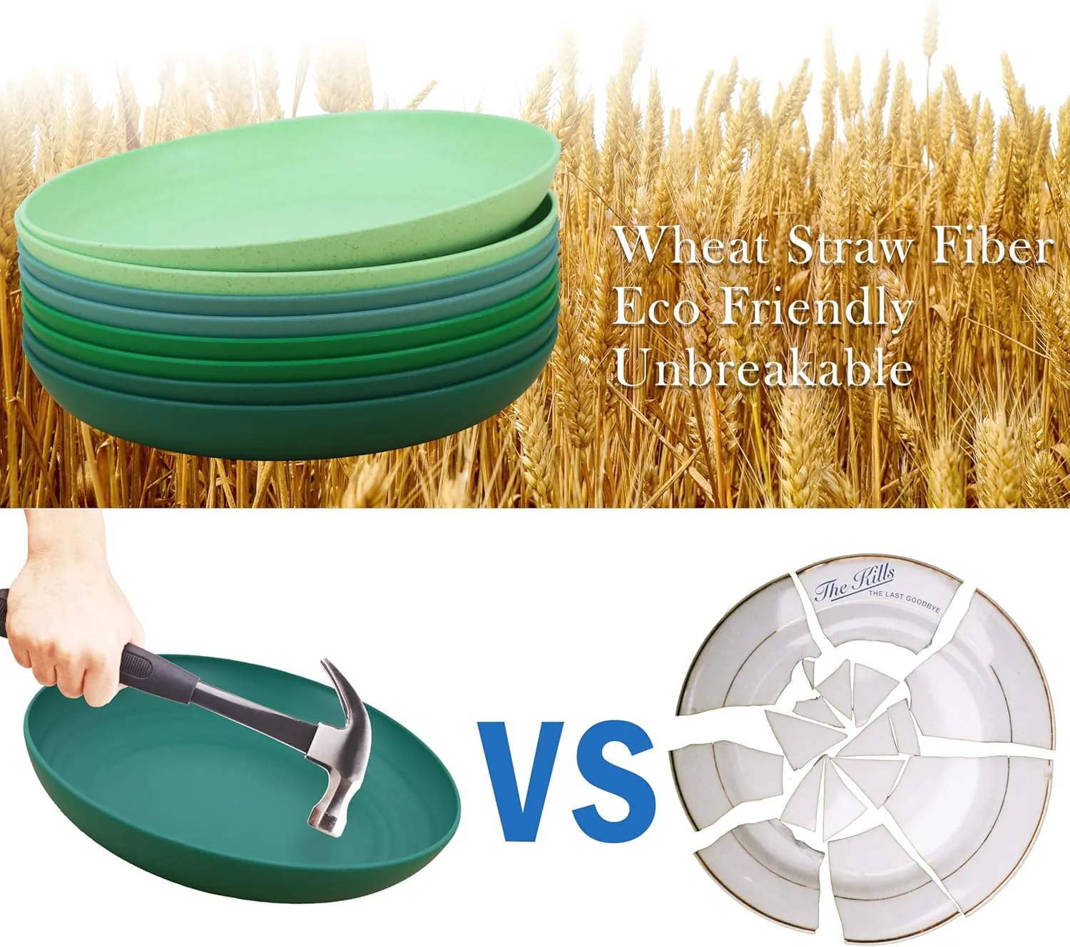 Wheat Straw Dinner Plates Set of 8, Lightweight Unbreakable Plastic, Microwave & Dishwasher Safe Kids Plates (Green Series)