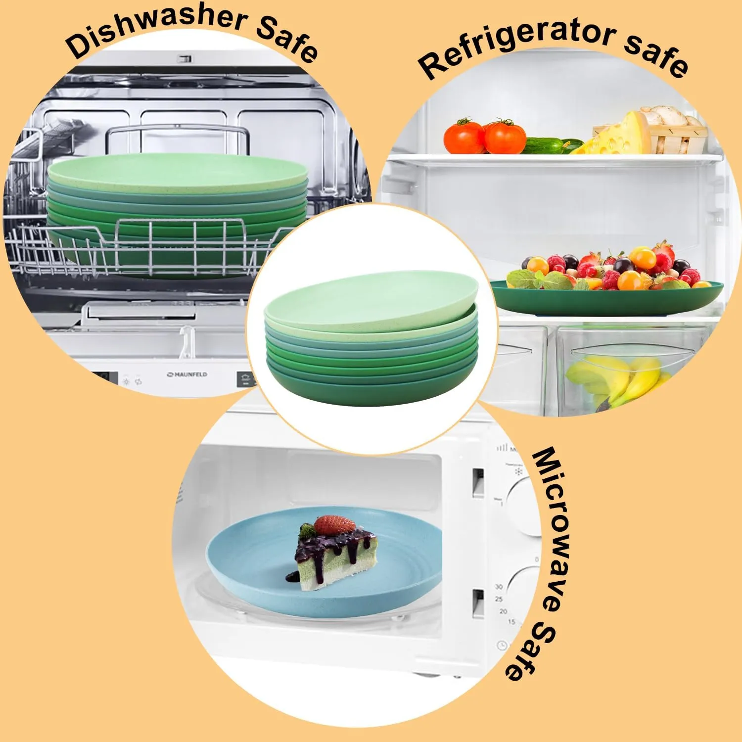 Wheat Straw Dinner Plates Set of 8, Lightweight Unbreakable Plastic, Microwave & Dishwasher Safe Kids Plates (Green Series)