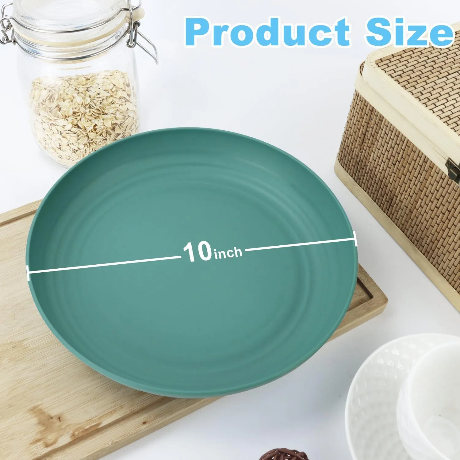 Wheat Straw Dinner Plates Set of 8, Lightweight Unbreakable Plastic, Microwave & Dishwasher Safe Kids Plates (Green Series)