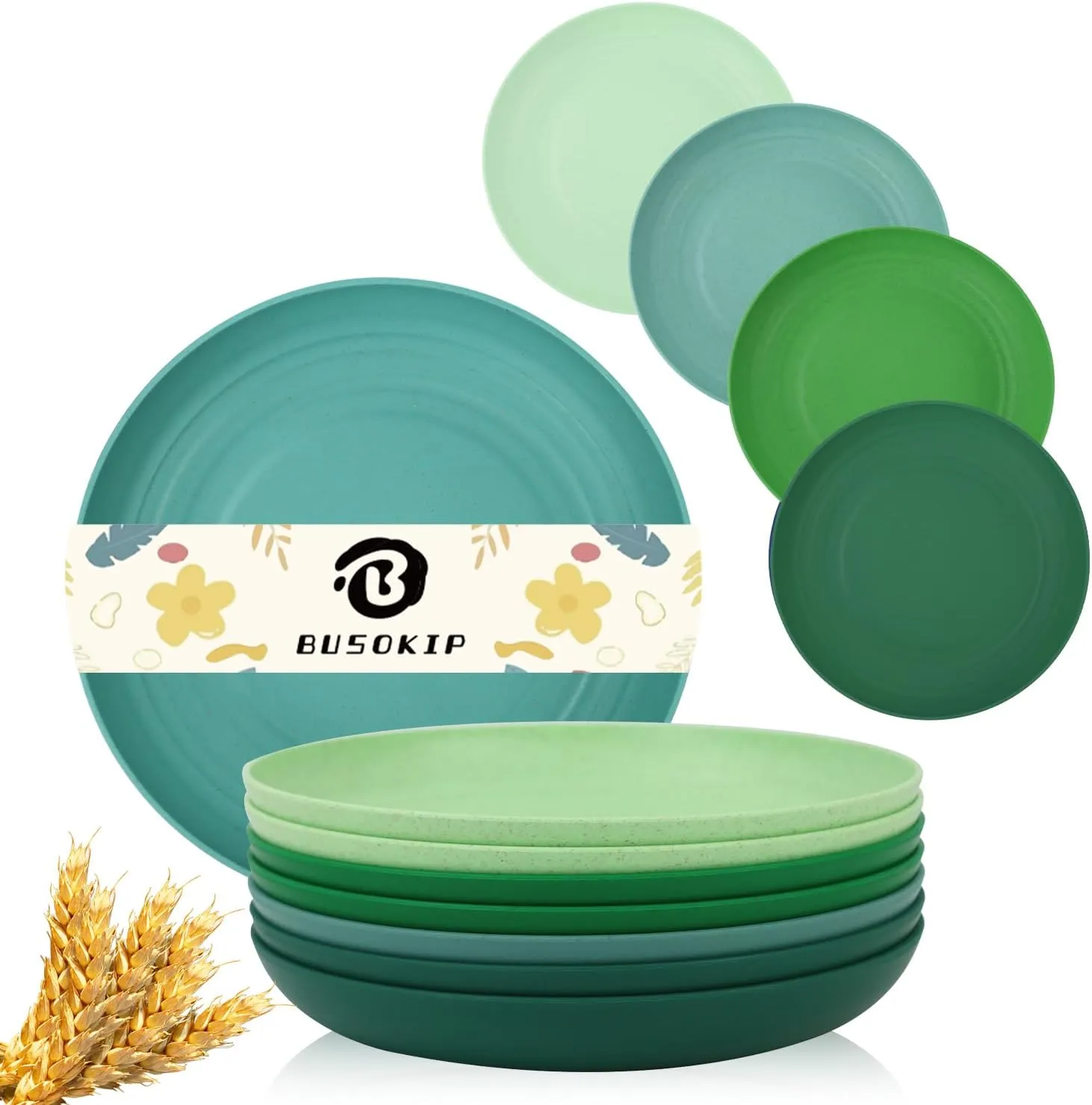 Wheat Straw Dinner Plates Set of 8, Lightweight Unbreakable Plastic, Microwave & Dishwasher Safe Kids Plates (Green Series)