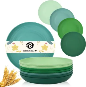 Wheat Straw Dinner Plates Set of 8, Lightweight Unbreakable Plastic, Microwave & Dishwasher Safe Kids Plates (Green Series)