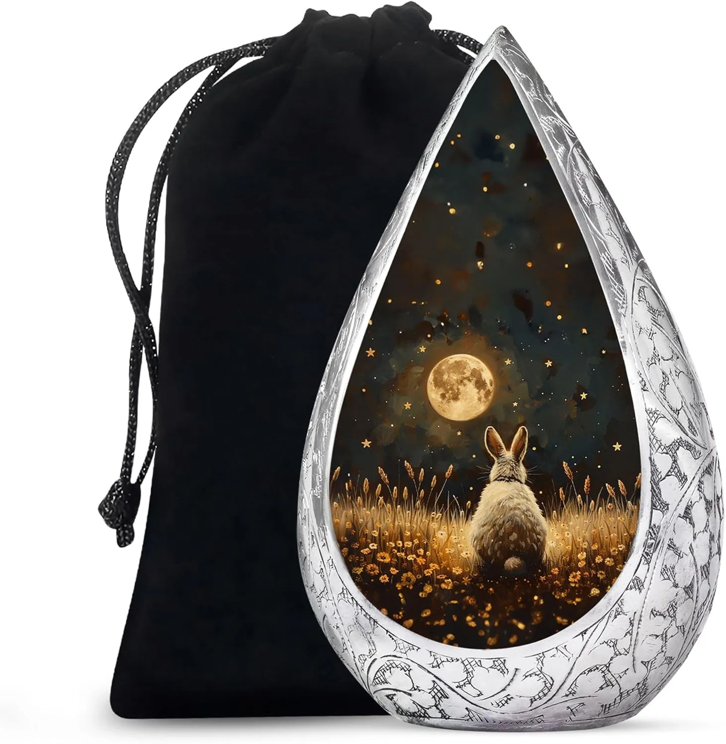 White Bunny Moon Decorative Urns with Lids - Moon Large Drop Funeral Urns for Adult Ashes Women, Men and Child Cremation - Flowers Burial Urn for Human Ashes with Velvet Bag, 10 Inch