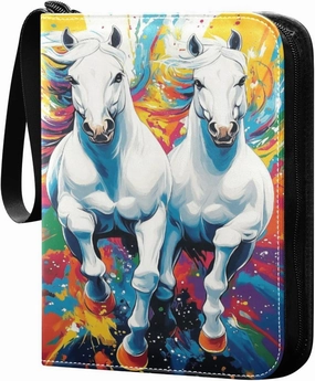 White Horses Colorful Oil Painting Cards Binder 4 Pocket Fits 400 Cards with 50 Removable Sleevesves, Trading Card Collector Zipper Album Holder Portable Card Games Display Storage Cases
