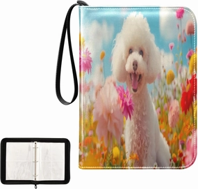 White Poodle Dog Colorful Flowers Card Binder 4 Pocket, Trading Card Holder Fits 400 Game Cards with 50 Removable Sleeves, MTG Card Case Standard Size