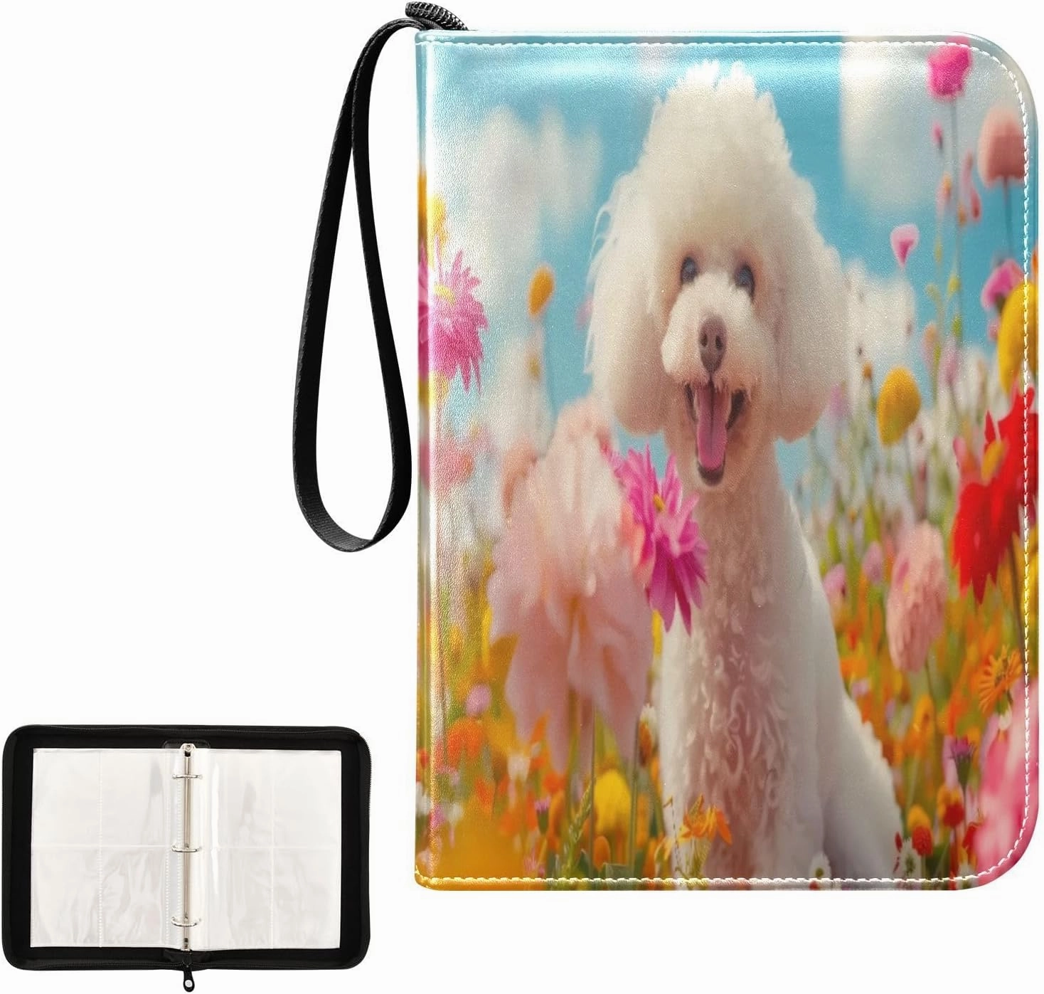 White Poodle Dog Colorful Flowers Card Binder 4 Pocket, Trading Card Holder Fits 400 Game Cards with 50 Removable Sleeves, MTG Card Case Standard Size