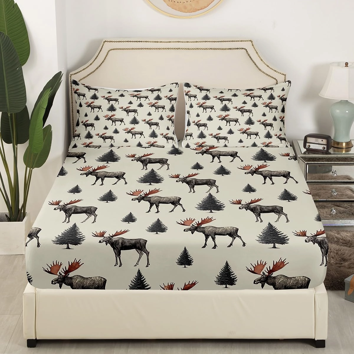 Wild Moose Fitted Sheet Twin Size 2 Pcs,Jungle Gray Pine Trees Decor Bedding Sets for Kids Teens Adults,Lodge Cabin Jungle Animals Deer Antlers Bed Cover with 1 Pillowcase(No Flat Sheet)