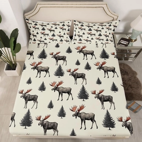 Wild Moose Fitted Sheet Twin Size 2 Pcs,Jungle Gray Pine Trees Decor Bedding Sets for Kids Teens Adults,Lodge Cabin Jungle Animals Deer Antlers Bed Cover with 1 Pillowcase(No Flat Sheet)