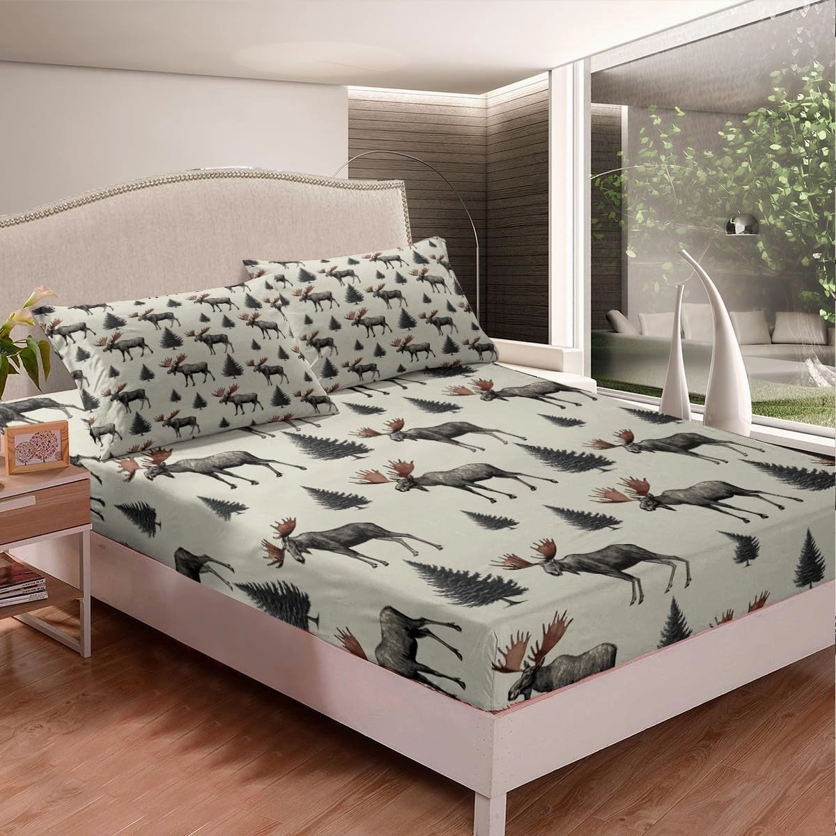 Wild Moose Fitted Sheet Twin Size 2 Pcs,Jungle Gray Pine Trees Decor Bedding Sets for Kids Teens Adults,Lodge Cabin Jungle Animals Deer Antlers Bed Cover with 1 Pillowcase(No Flat Sheet)