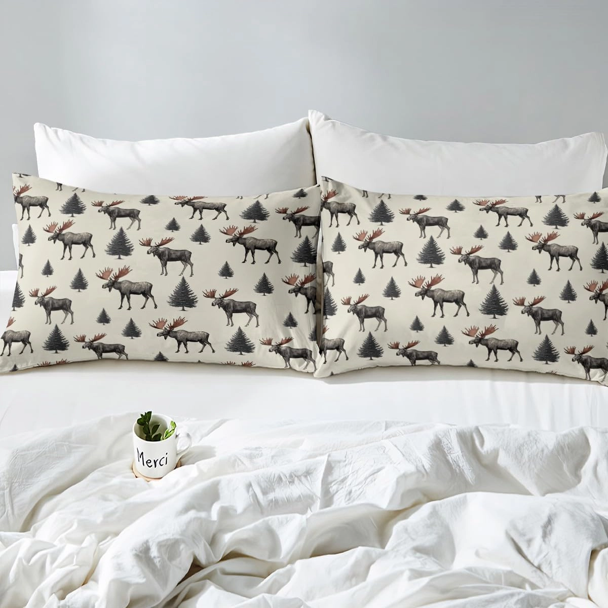 Wild Moose Fitted Sheet Twin Size 2 Pcs,Jungle Gray Pine Trees Decor Bedding Sets for Kids Teens Adults,Lodge Cabin Jungle Animals Deer Antlers Bed Cover with 1 Pillowcase(No Flat Sheet)