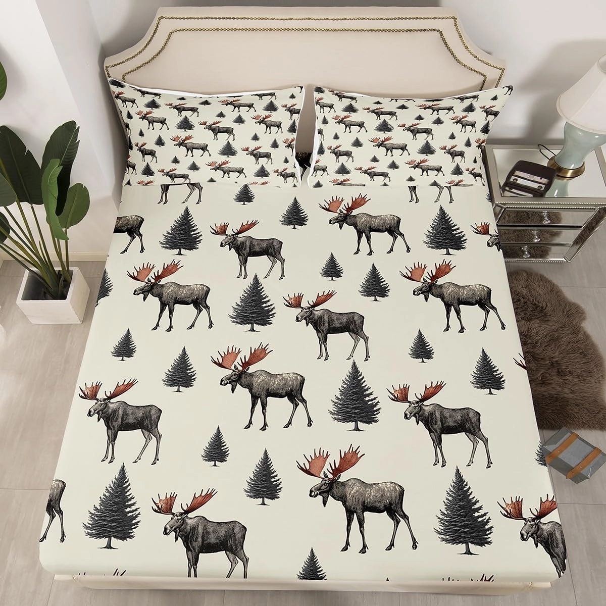 Wild Moose Fitted Sheet Twin Size 2 Pcs,Jungle Gray Pine Trees Decor Bedding Sets for Kids Teens Adults,Lodge Cabin Jungle Animals Deer Antlers Bed Cover with 1 Pillowcase(No Flat Sheet)
