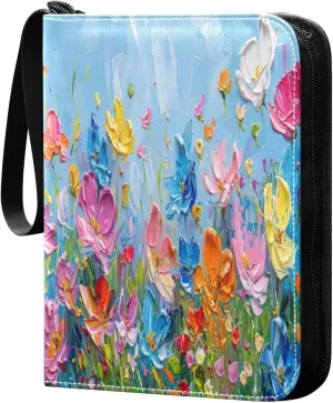 Wildflowers Painting Card Binder 4-Pocket, 400 Pockets Card Holder with 50 Removable Sleeves and Zipper for Games Baseball Football Sports Card